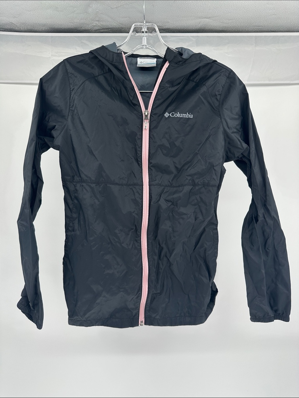 Columbia Black Hooded Rain Jacket with Pink Zipper